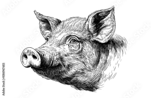 Wallpaper Mural Pig, hog, boar. Vintage retro print, black white pig sketch ink pencil style drawing, linear drawing, engrave old school. Sketch artwork silhouette pig, hog, boar. Side view profile. Illustration Torontodigital.ca