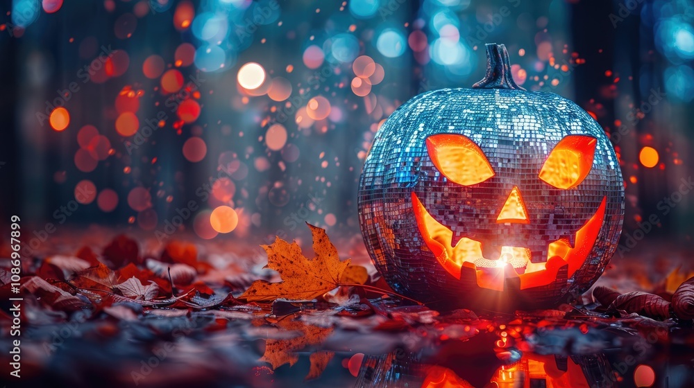 A silver disco ball pumpkin with a glowing jack-o-lantern face sits in a forest setting with fall leaves, a puddle, and bokeh lights in the background. A silver disco ball pumpkin with a glowing jack-o-lantern face sits in a forest setting with fall leaves, a puddle, and bokeh lights in the background.