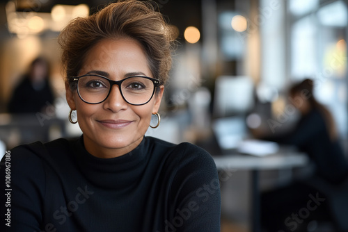 Confident middle-aged Asian woman in a modern office setting, exuding professionalism, wisdom, and leadership qualities