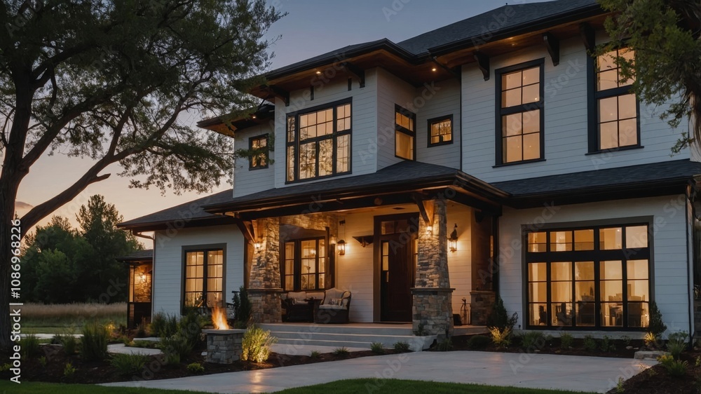 Naklejka premium Luxurious modern farmhouse exterior at twilight