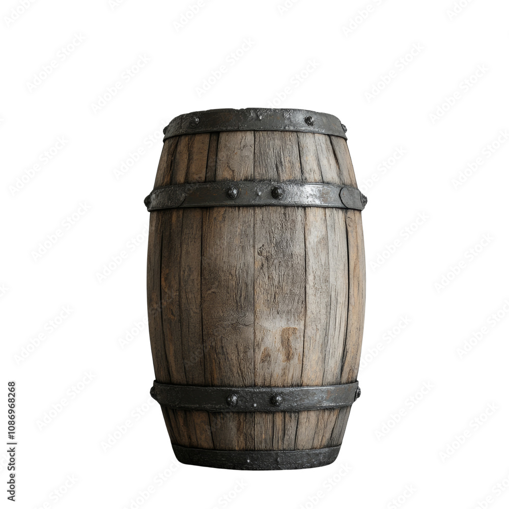 Fototapeta premium Rustic Wooden Barrel with Metal Bands on transparent Background