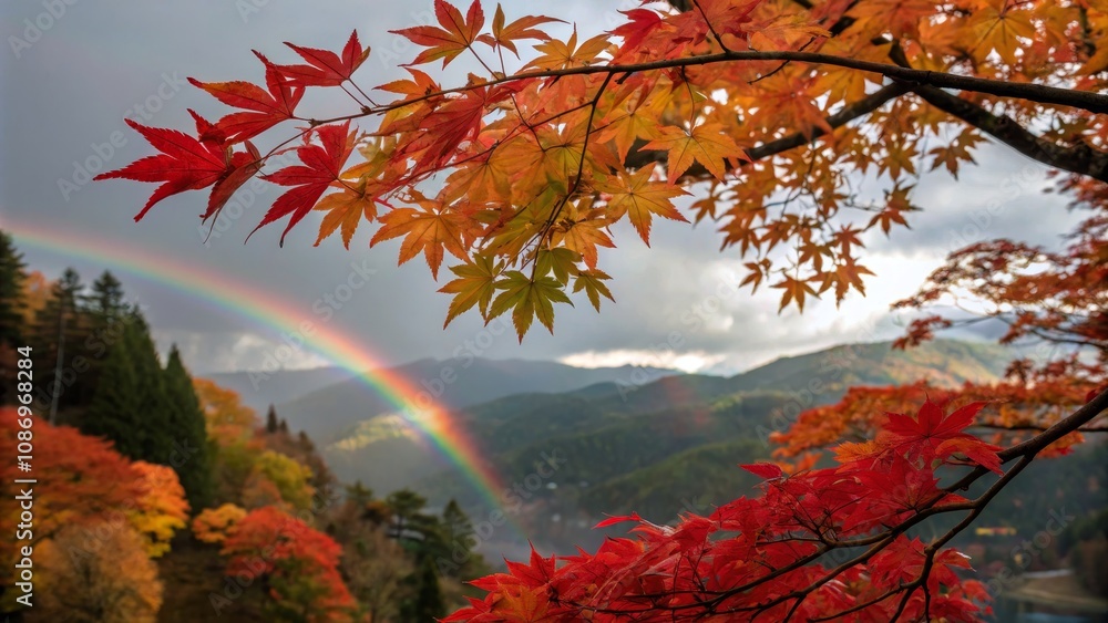 Autumn Leaves in Japan with Rainbow: A Fashion Photography Delight Capturing the Beauty of Seasonal Color Change and Nature's Palette