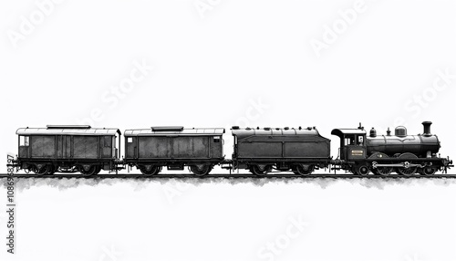 Vintage steam locomotive and carriages in black and white