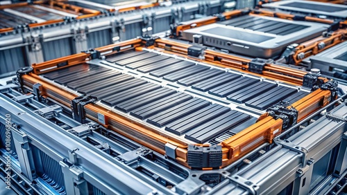 Closeup of High-Voltage Lithium-Ion Battery Components in an Electric Vehicle Production Line, Showcasing Advanced Automotive Industry Manufacturing Techniques and High-Efficiency Modules