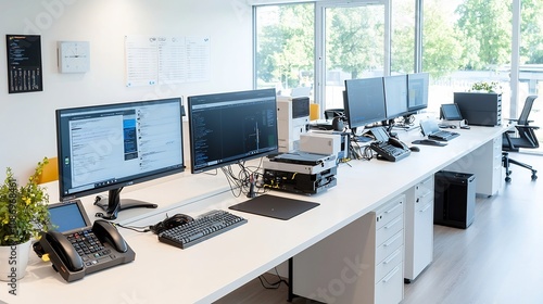 Overhead view showcasing a spacious and neatly arranged office workspace with computers equipment and other office supplies meticulously organized on a long white desk photo