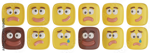 A set of volumetric square emoji. Feelings and emotions. 3D rendering without background.