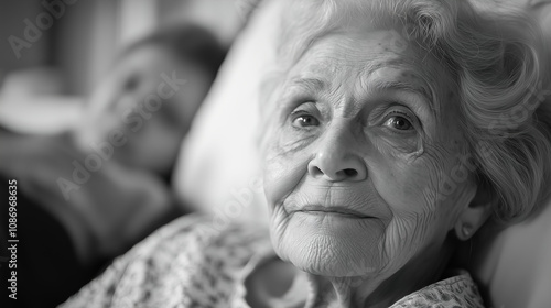 Elderly woman in quiet reflection in a hospital room with attentive caregiver beside her in early morning light. Generative AI