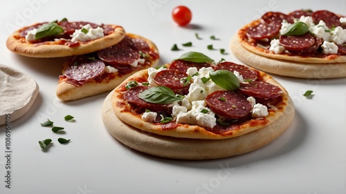 Mini pizzas with pita bread cottage cheese and salami