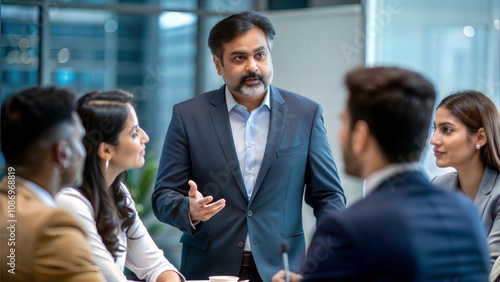 Leadership in Action - An Indian businessman guiding his team during a project discussion. 