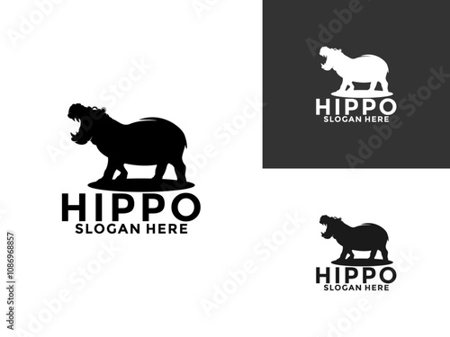 hippo logo design vector silhouette illustration, hippopotamus animal modern logo design template