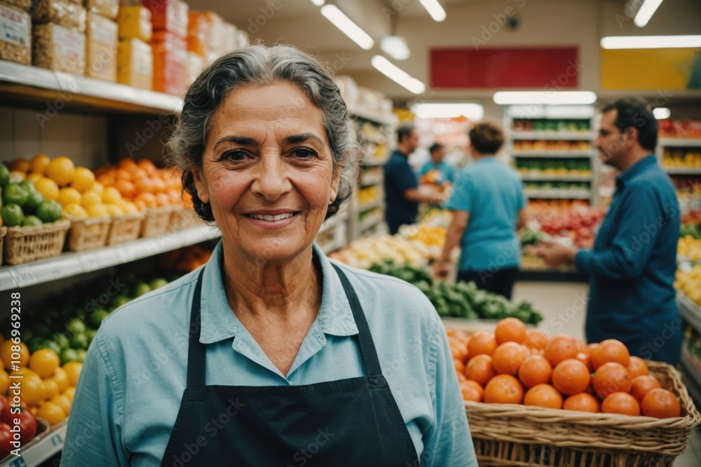 Close portrait of a smiling senior Tunisian female grocer standing and looking at the camera, Tunisian grocery store blurred background Close portrait of a smiling senior Tunisian female grocer standing and looking at the camera, Tunisian grocery store blurred background