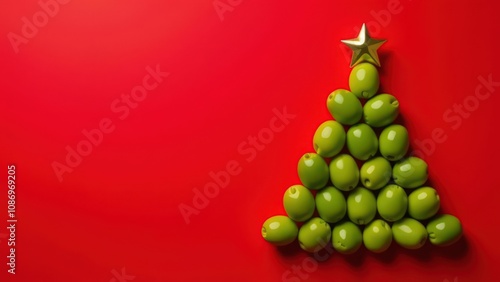 Green olives arranged in a Christmas tree shape on red background with copy space. For olive and gourmet food business. Minimalist design for greeting card, invitation, postcard, banner, poster