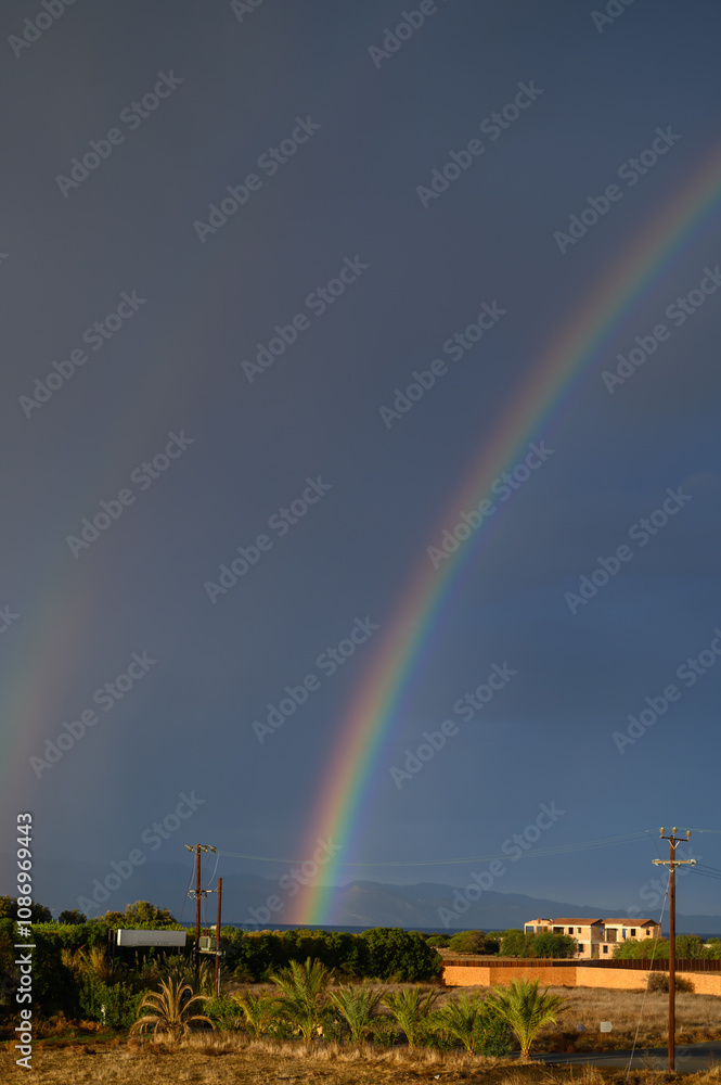 A vibrant rainbow arcs over lush landscape after rain, illuminated by the soft glow of late afternoon sun A vibrant rainbow arcs over lush landscape after rain, illuminated by the soft glow of late afternoon sun