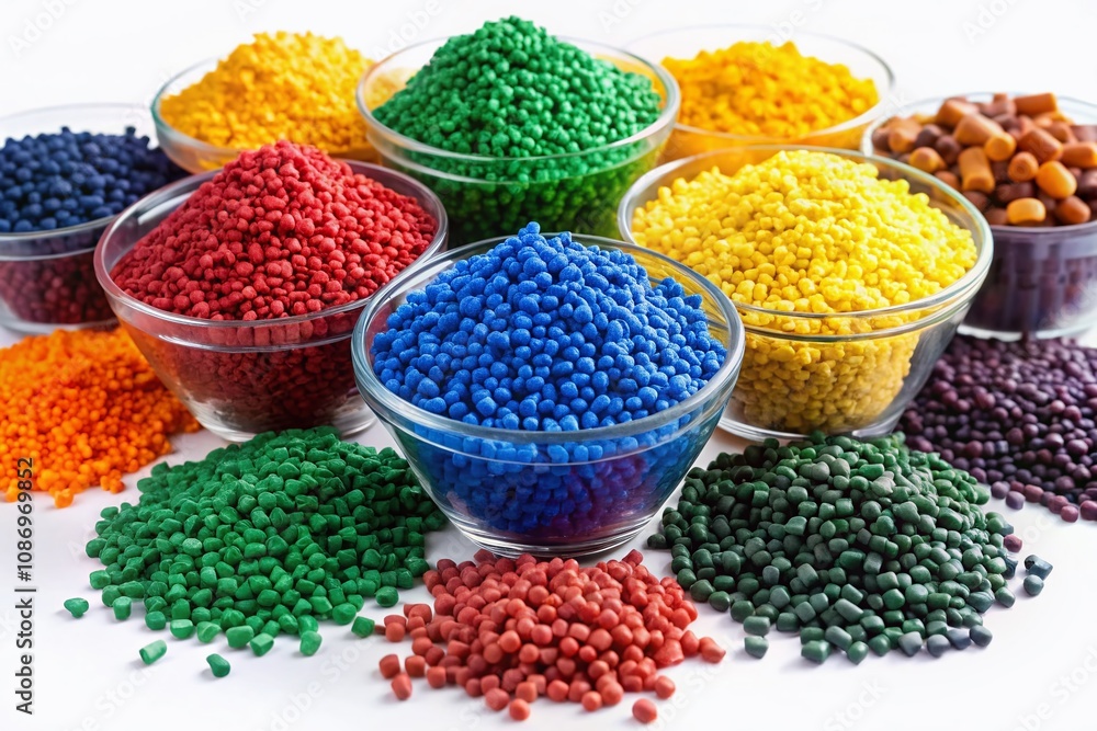 Cold Cutting Masterbatch Granules: A Vibrant Display of Colorful Plastic Resin Pigments Isolated on White for Industrial Catalog Design and Company Profile Presentation Cold Cutting Masterbatch Granules: A Vibrant Display of Colorful Plastic Resin Pigments Isolated on White for Industrial Catalog Design and Company Profile Presentation