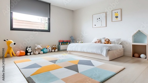 Calming and Cozy Children s Bedroom with Pastel Tones Soft Rug and Neatly Placed Stuffed Toys on the Bed  A serene and inviting space that promotes relaxation and comfort for young occupants photo