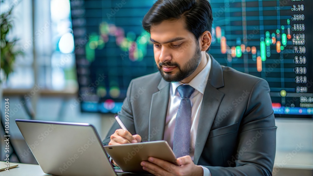 Financial Growth Analysis - An Indian businessman reviewing financial charts with a pen and notebook.
Financial Growth Analysis - An Indian businessman reviewing financial charts with a pen and notebook.