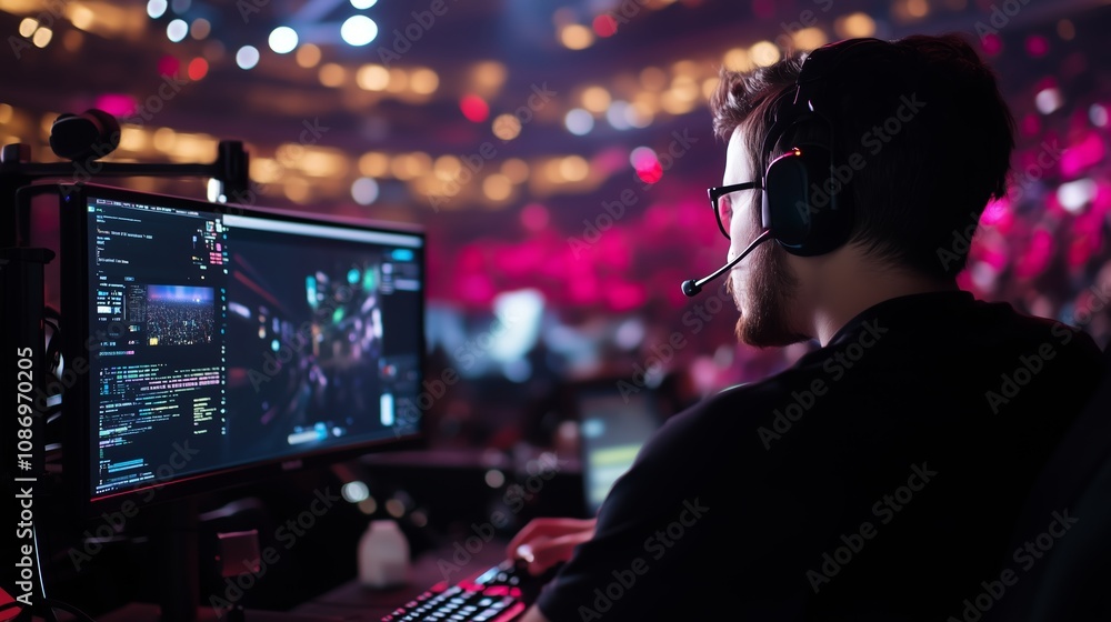 A gamer wearing a headset is focused on his computer screen during a tournament in a large arena A gamer wearing a headset is focused on his computer screen during a tournament in a large arena