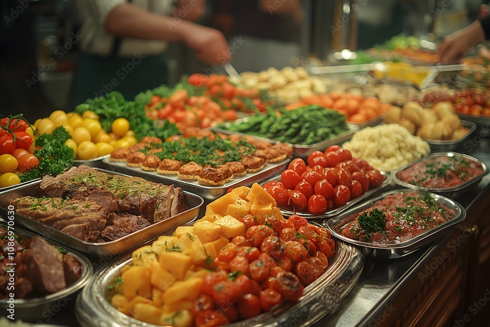 A lavish buffet table displays a delicious array of roasted meats, colorful vegetables, and savory appetizers, perfect for a celebratory feast. A lavish buffet table displays a delicious array of roasted meats, colorful vegetables, and savory appetizers, perfect for a celebratory feast.