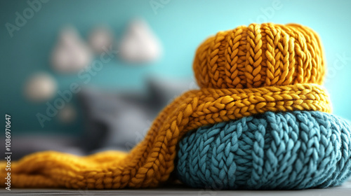 Two colorful balls of yarn are stacked neatly on top of each other on a table photo