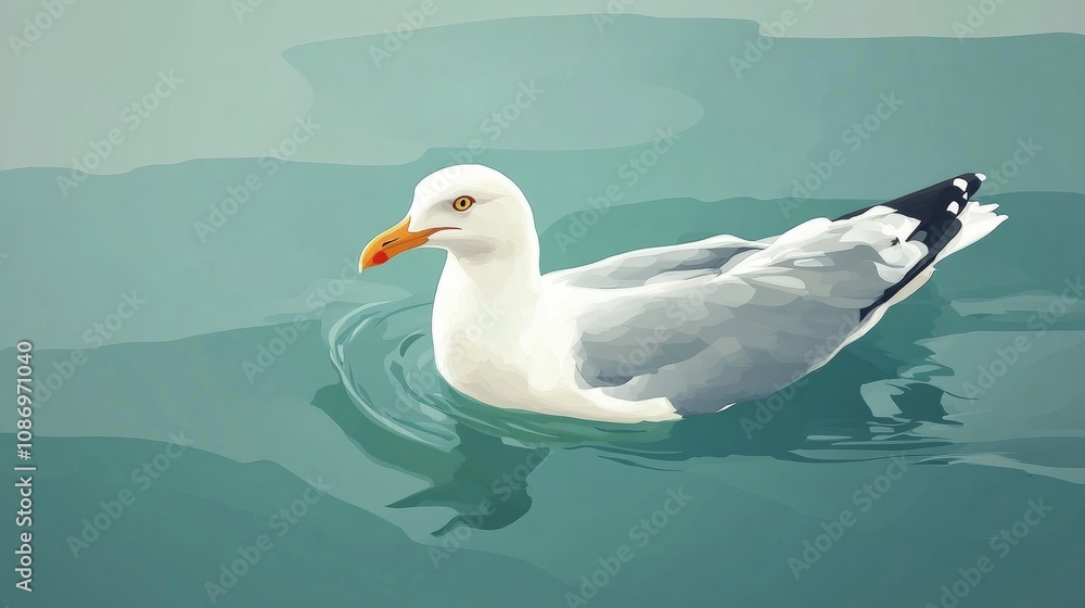 White Seagull with Orange Beak Swimming White Seagull with Orange Beak Swimming