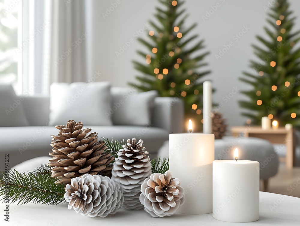 Scandinavian-style Christmas living room with pine cones, white candles, and minimal decorations Scandinavian-style Christmas living room with pine cones, white candles, and minimal decorations