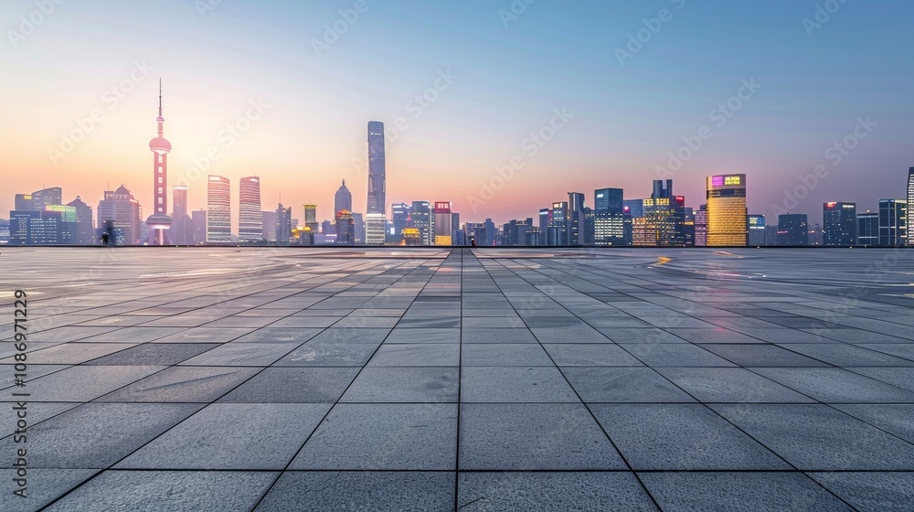 Empty square floor with city skyline background, City skyline with autumn sunset, urban sunset panorama Empty square floor with city skyline background, City skyline with autumn sunset, urban sunset panorama