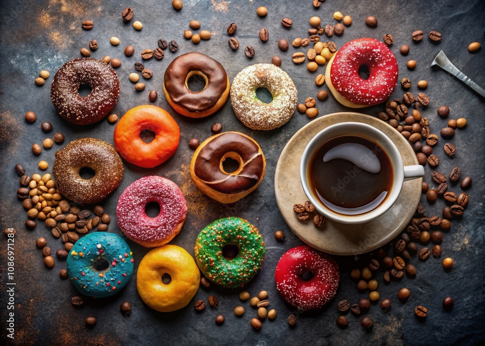 Colorful Donuts and Aromatic Coffee on a Stone Table - Top View with Bokeh Effect and Ample Copy Space for Your Creative Designs and Delicious Treats Presentation Colorful Donuts and Aromatic Coffee on a Stone Table - Top View with Bokeh Effect and Ample Copy Space for Your Creative Designs and Delicious Treats Presentation
