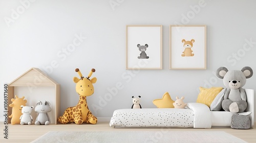 Cozy and Calming Children s Bedroom with Soft Pastel Colors Plush Rug and Cuddly Stuffed Animals on the Bed Creating a Peaceful and Inviting Retreat for Kids photo