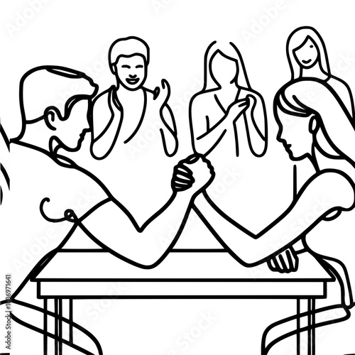 Arm wrestling contest: man vs woman in friendly competition with supportive audience