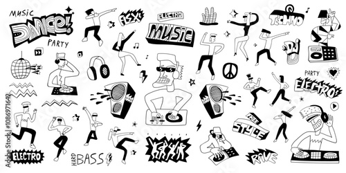 Music dance party doodle, dj playing electro music and dancing young people  illustration , 
isolated hand drawn characters,objects and lettering