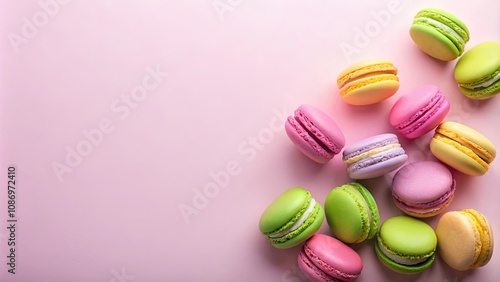 Wallpaper Mural A delightful assortment of colorful macarons scattered on a pink background, perfect for a sweet treat advertisement or culinary blog post. Torontodigital.ca