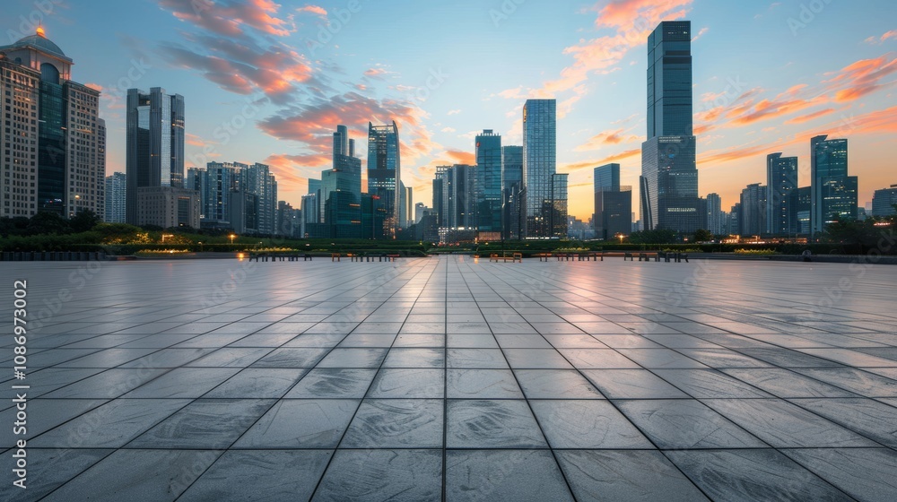 Empty square floor with city skyline background, City skyline with streaming clouds, dynamic urban weather Empty square floor with city skyline background, City skyline with streaming clouds, dynamic urban weather