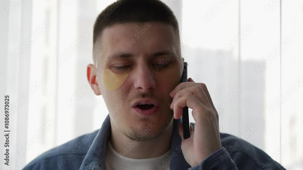 Businessman talking on the phone.
Patches in front of a young guy.
A man talks emotionally on the phone.
Skin care.
Face mask Businessman talking on the phone.
Patches in front of a young guy.
A man talks emotionally on the phone.
Skin care.
Face mask