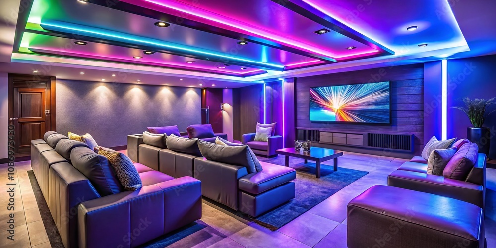 Modern Home Cinema Living Room with Colorful LED Lighting and Cozy Atmosphere for Ultimate Movie Experience, Featuring Comfortable Seating and Stylish Decor Elements Modern Home Cinema Living Room with Colorful LED Lighting and Cozy Atmosphere for Ultimate Movie Experience, Featuring Comfortable Seating and Stylish Decor Elements