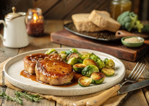 Delicious Apple Cider Glazed Pork Chops with Caramelized Brussels Sprouts on Rustic Wooden Table in Warm Lighting