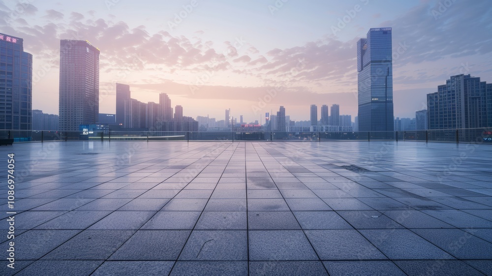 Empty square floor with city skyline background, City skyline with vibrant sunset, colorful urban sunset Empty square floor with city skyline background, City skyline with vibrant sunset, colorful urban sunset