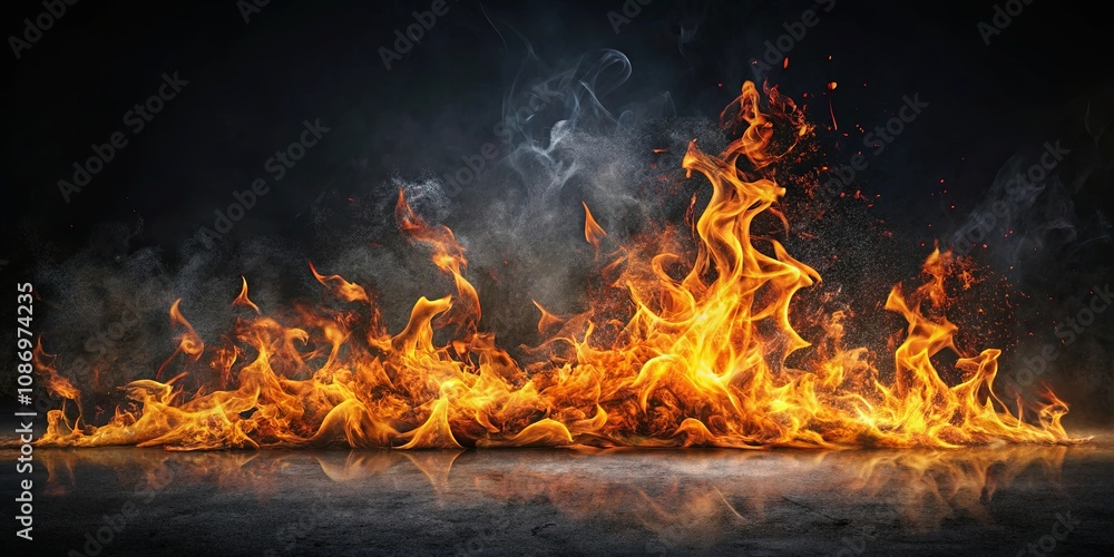 Fiery Inferno on Dark Reflective Surface A Dramatic Image of Burning Embers and Smoke Fiery Inferno on Dark Reflective Surface A Dramatic Image of Burning Embers and Smoke
