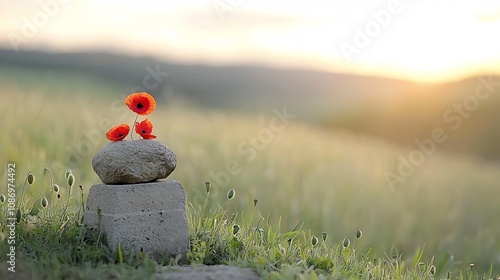 Red poppies resting peacefully on a historic grave bathed in the warm glowing light of the evening sunset photo