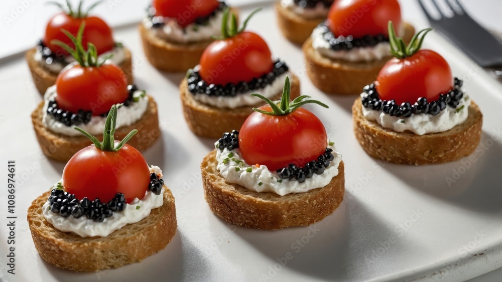 Tomato cream cheese and caviar canapés with garnish Tomato cream cheese and caviar canapés with garnish