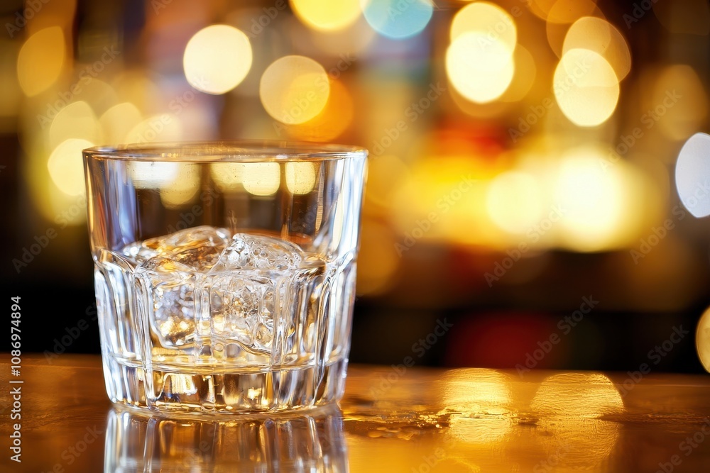 Refreshing Glass of Sparkling Water with Ice Cubes on a Wooden Bar Counter Against a Beautifully Blurred Background of Warm Lights Refreshing Glass of Sparkling Water with Ice Cubes on a Wooden Bar Counter Against a Beautifully Blurred Background of Warm Lights