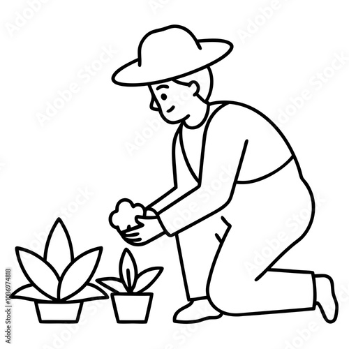 Gardener Planting Flowers Line Art.