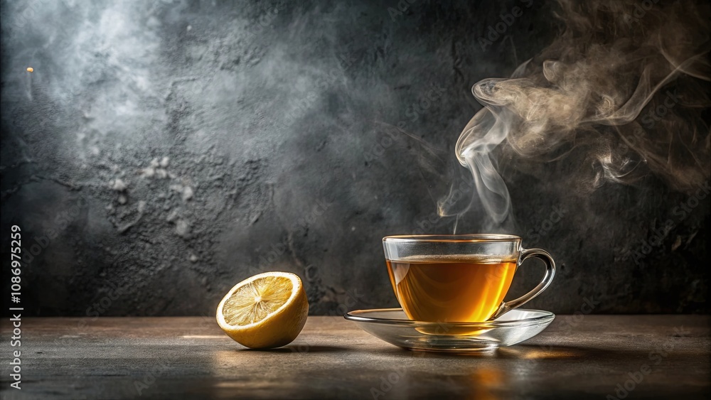 Aromatic Tea in a Glass Cup with Lemon Slice on a Dark Surface Aromatic Tea in a Glass Cup with Lemon Slice on a Dark Surface