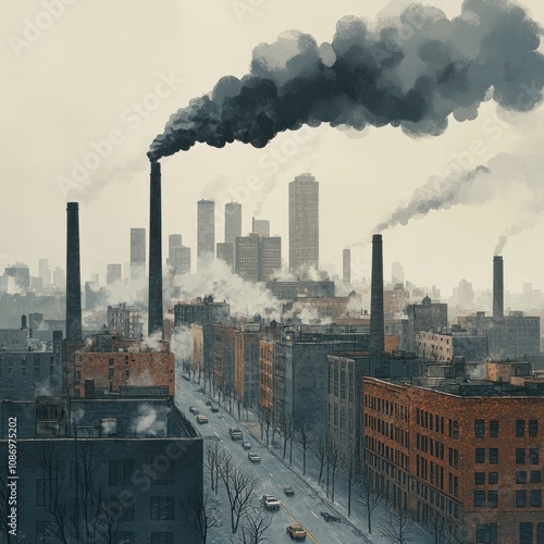 Smoke-Filled Cityscape with Industrial Chimneys and Tall Buildings photo