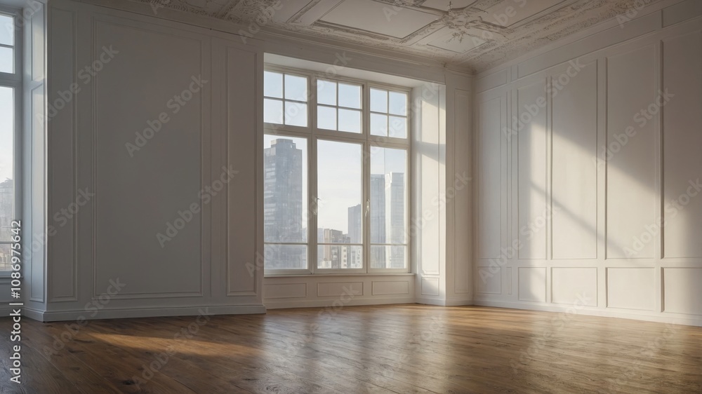 Unfurnished room with white walls and large window Unfurnished room with white walls and large window