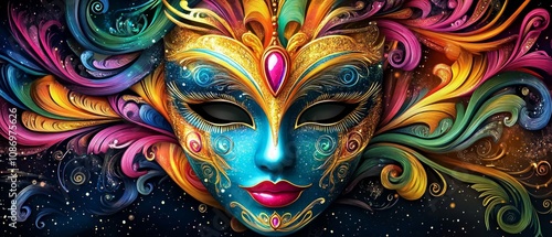 A beautifully crafted carnival mask adorned with colorful patterns and golden accents, representing the artistry and festive spirit of the Carnival of Venice