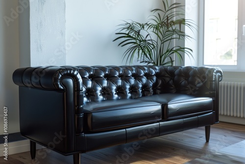 Elegant black leather chesterfield sofa in a modern minimalist living room setting. photo