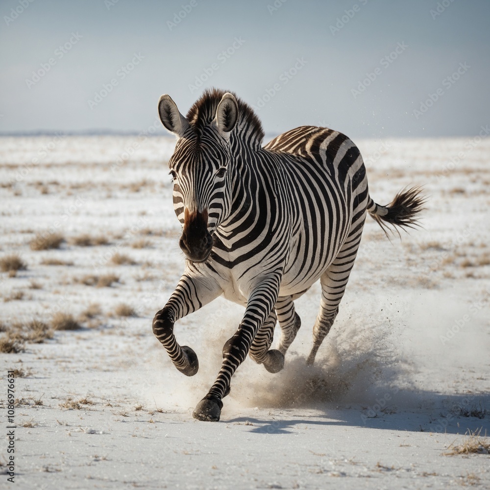 Fototapeta premium A zebra galloping freely across a white expanse.