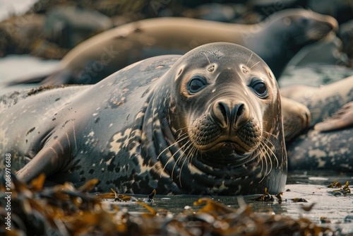 Closeup of a grey seal resting in shallow water among seaweed.