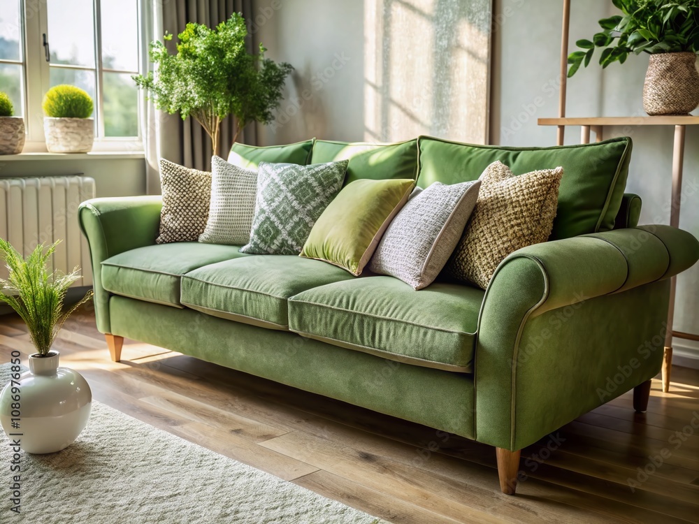 Fototapeta premium Cozy Modern Living Room with Soft Green Sofa and Decorative Cushions, Close-Up of Armrest and Plush Pillows, Stylish Apartment Interior Design Photography