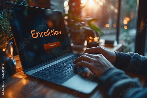 A person enrolling in an online course using a laptop, featuring a modern interface with a highlighted 